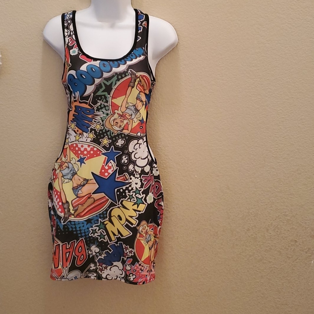 Comic Book Pop Art Bodycon Tank Dress Size L Graphic Print Y2K